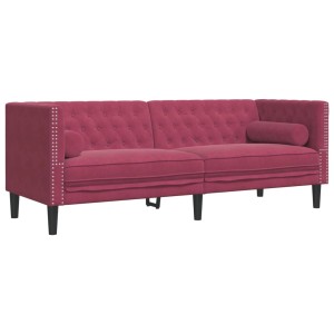 Weinrotes 3-Sitzer Chesterfield Sofa aus Samt mit Nackenrollen.