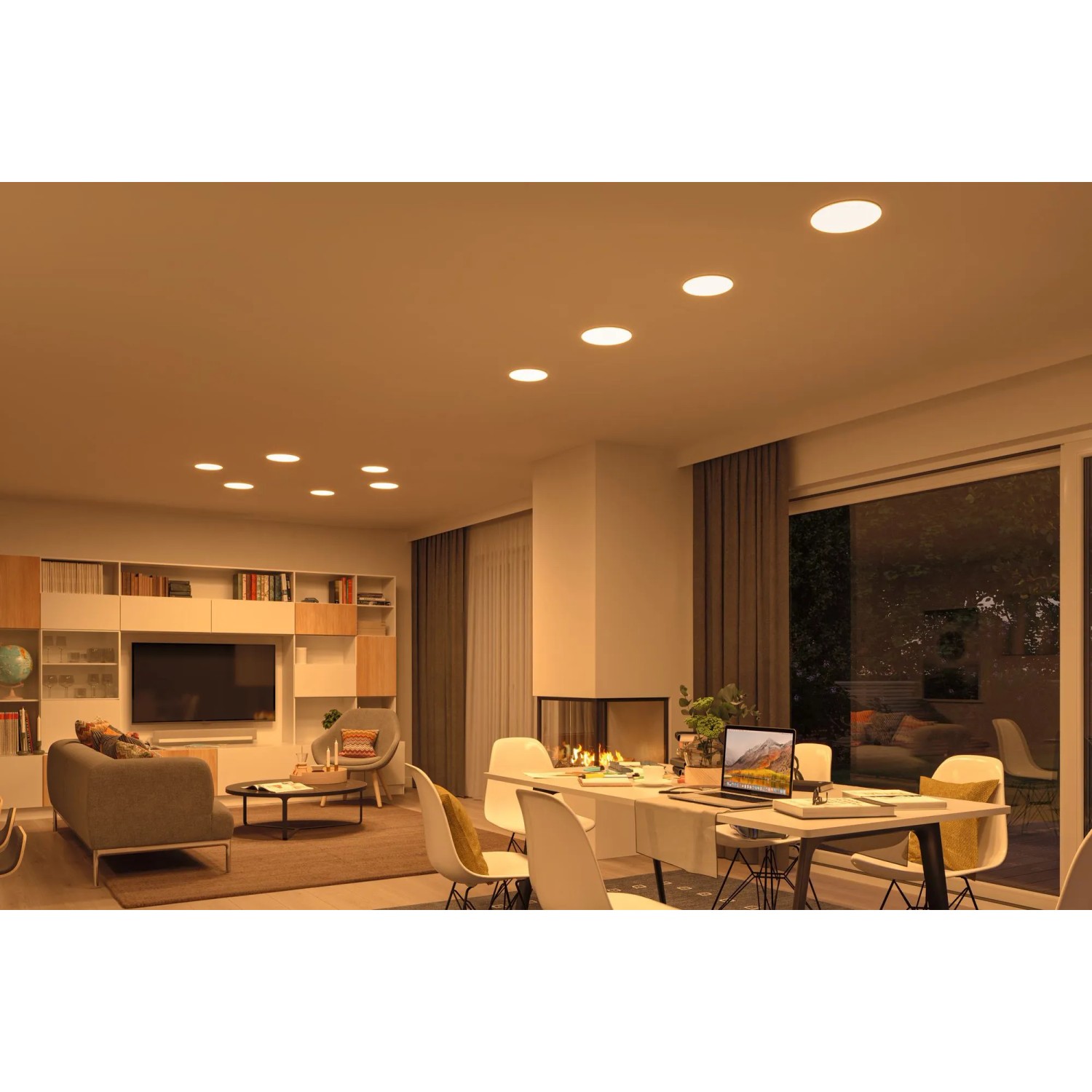 Wohnraum mit Paulmann LED Einbaupanel Veluna, runde Einbaustrahler mit warmweißem Licht.
