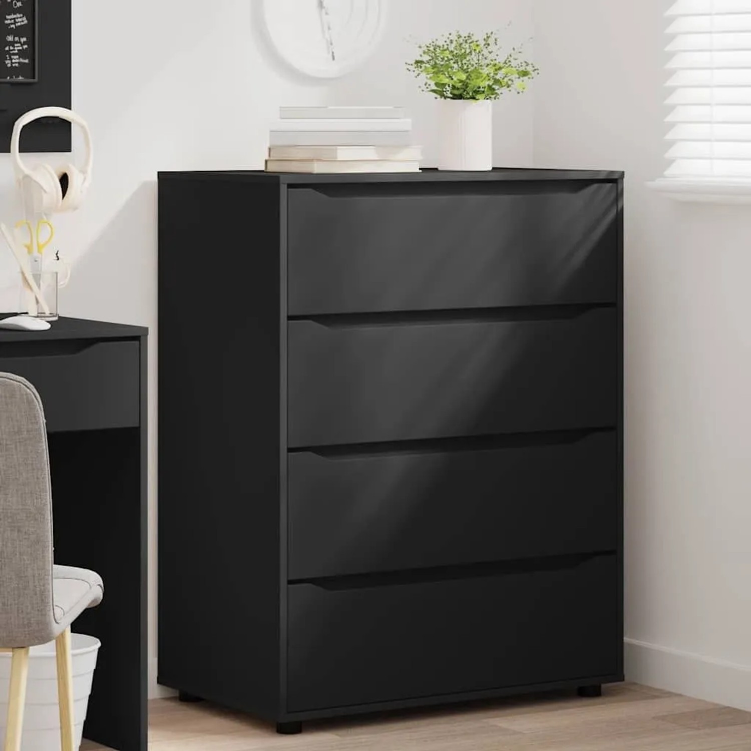 Schwarzer vidaXL Stauraumschrank (2 Stk.) aus Holzwerkstoff mit 4 Schubladen für Wohnzimmer.