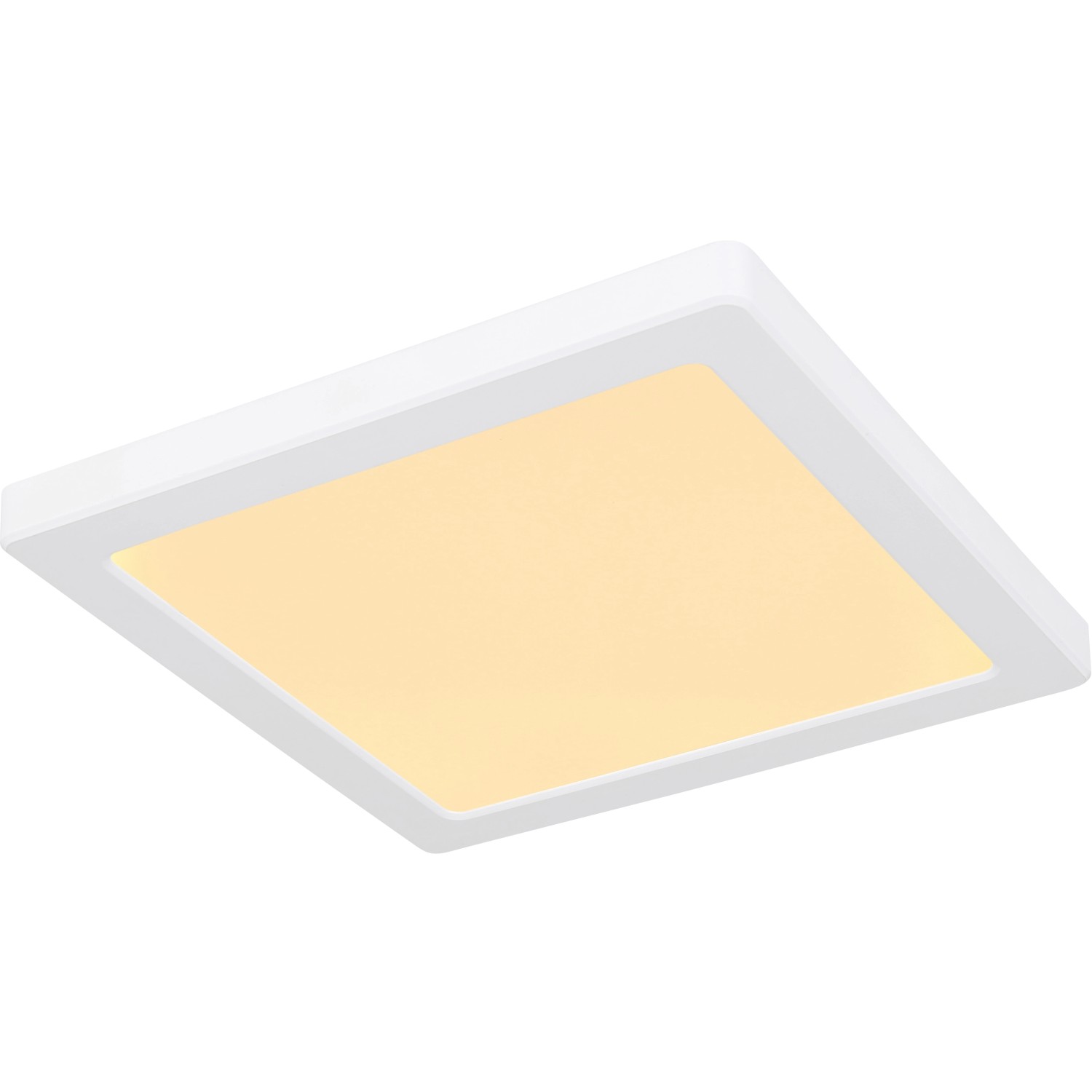 Weiße, quadratische LED-Deckenleuchte Lasse von Globo, 217x217x17 mm. Moderne Deckenlampe mit einstellbaren Weißtönen.