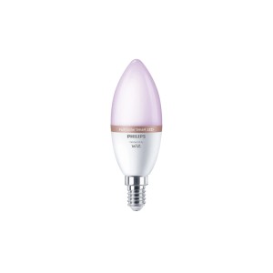 Philips Smart-LED-Leuchtmittel E14 Kerzenform, leuchtet lila. RGB-Farbwechsel, dimmbar, WiZ-fähig für smarte Beleuchtung.