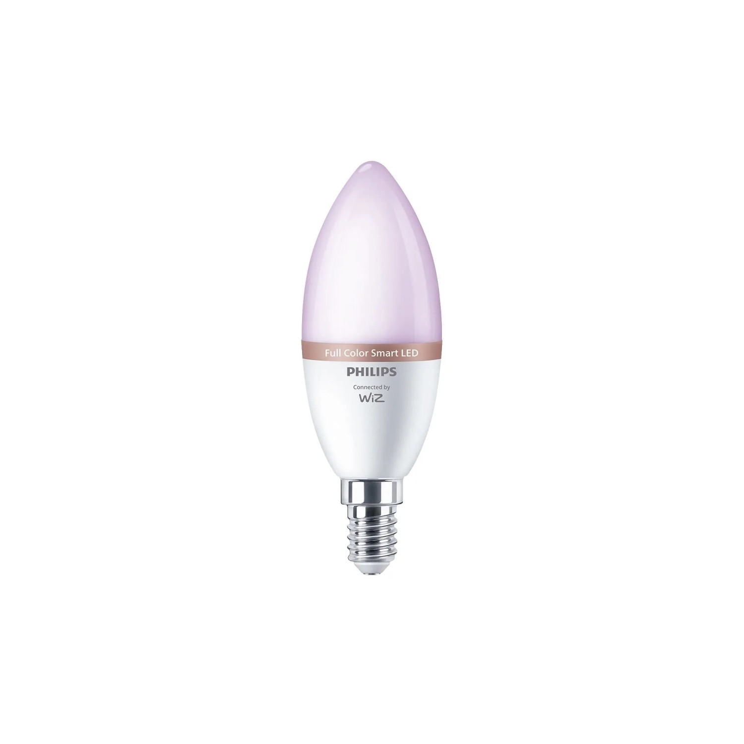 Philips Smart-LED-Leuchtmittel E14 Kerzenform, leuchtet lila. RGB-Farbwechsel, dimmbar, WiZ-fähig für smarte Beleuchtung.