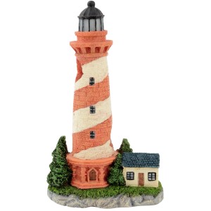 Aquarium Dekofigur: Leuchtturm mit rot-weißen Streifen, Haus und Bäumen.