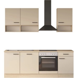Moderne Flex-Well Küchenzeile Creso 220 cm in Cashmere matt mit Provence Oak Arbeitsplatte, Herd, Kochfeld, Spüle und Dunstabzugshaube.
