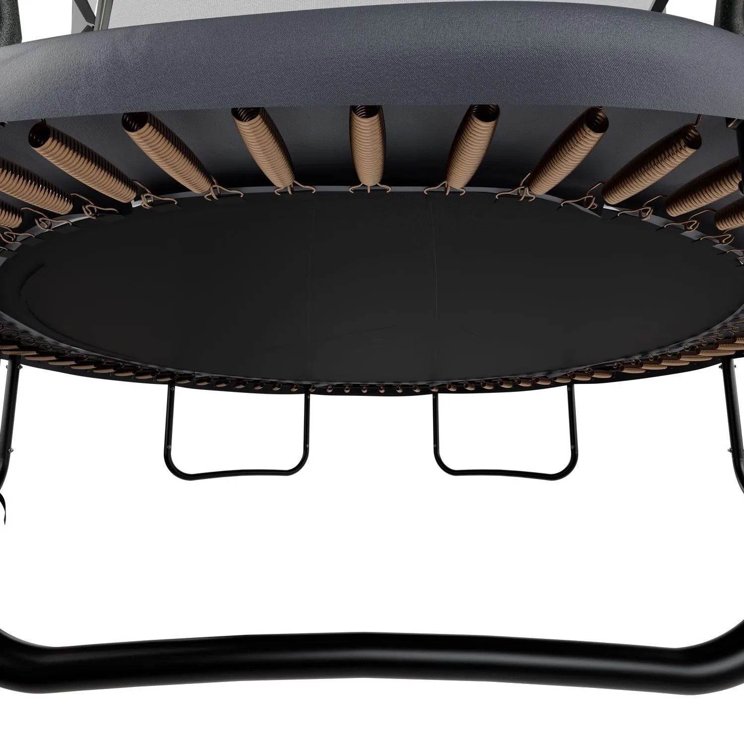 Detailaufnahme: Schwarzes Juskys Gartentrampolin SkyBounce L mit Federn und Stahlrahmen.