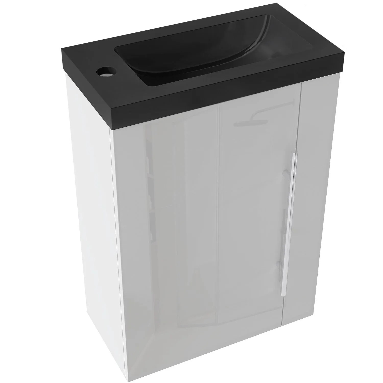 AICA Badmöbel Set Gäste WC SILVIA 45 cm Schwarz Waschtisch mit Unterschrank Hochglanz Weiß Softclose Tür 2 tlg.