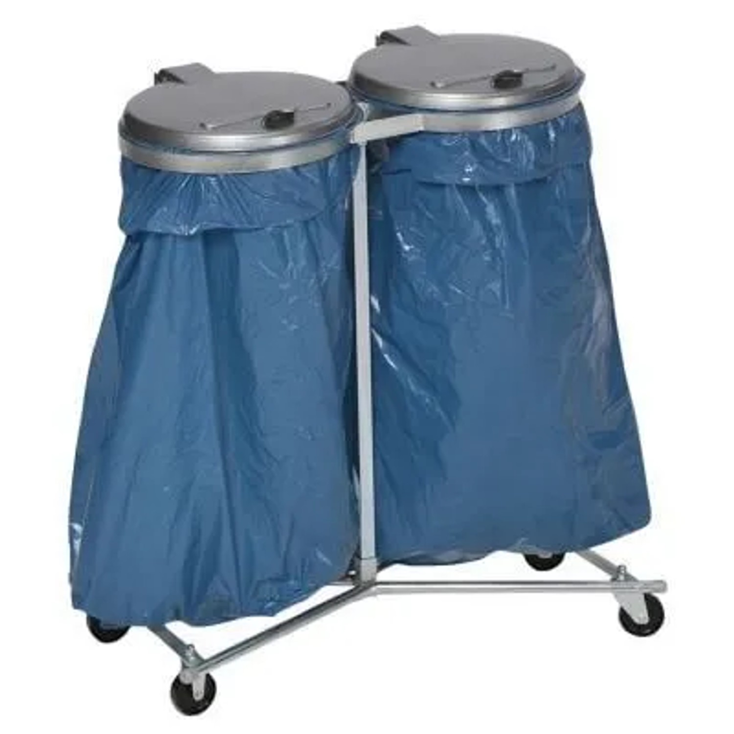 PROREGAL Robuster Doppel Abfallsammler Mit Kunststoff Deckel Fahrbar 2 x  120 Liter HxBxT 102 x 86 x 48 cm Stahl Verzinkt Silber