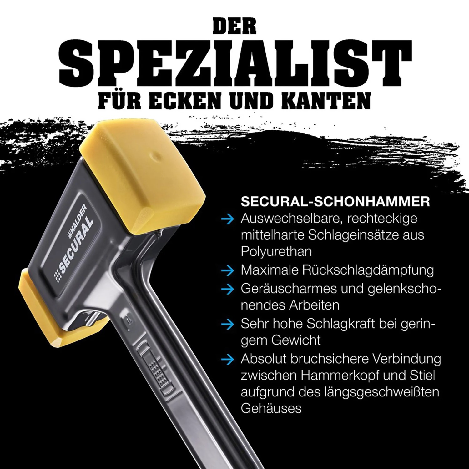 Halder Secural Schonhammer, rückschlagfrei, mit gelben Polyurethan-Einsätzen. Spezialist für Ecken und Kanten.