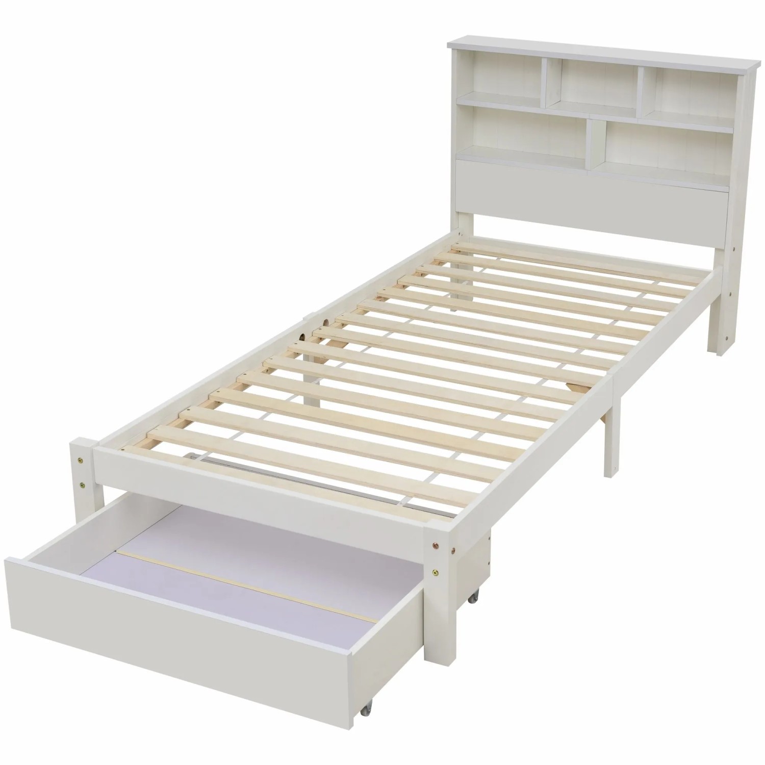 okwish Massivholzbett 90x200cm mit Schubladen Bücherregal Kinderzimmer Weiß ohne Matratze