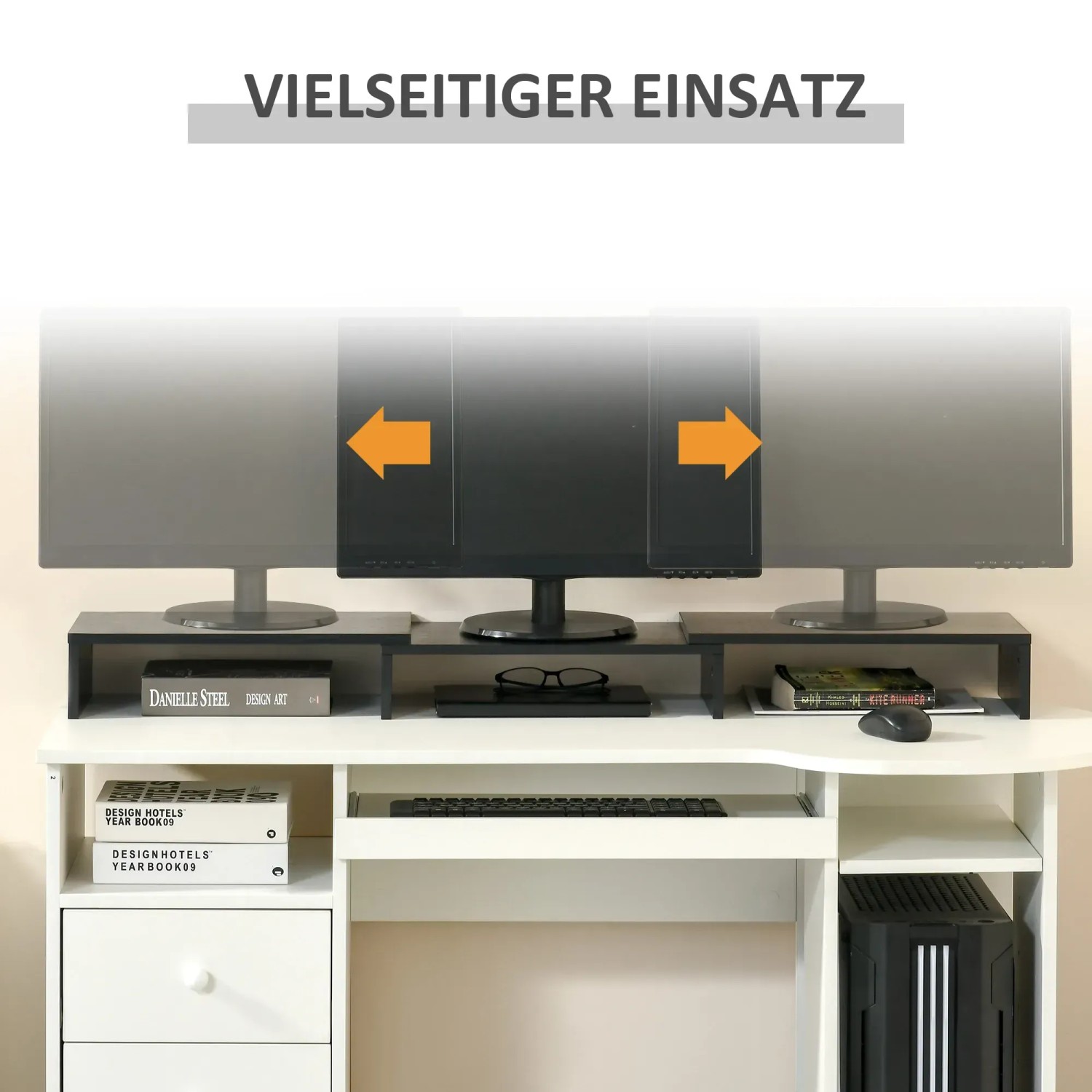 Verstellbarer Vinsetto Monitorständer, doppelt, für Laptops, auf einem Schreibtisch mit Monitoren.