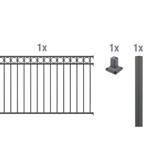 Metallzaun Anbau-Set Circle, anthrazit, zum Aufschrauben, 120x200 cm, bestehend aus Zaunfeld, Pfosten und Pfostenträger.