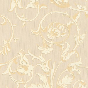 Textiltapete mit Blumenmuster in Creme, Gold und Beige. Dekorative Tapete für Wohnräume.