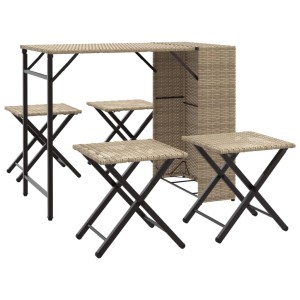 Beige 5-tlg. Garten-Essgruppe aus Poly Rattan mit klappbarem Tisch und Hockern.