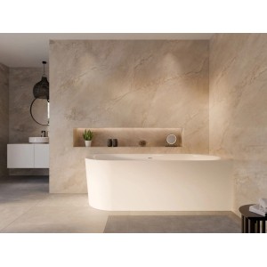 Weißer Ottofond Eckwhirlpool Mince Corner L in modernem Bad. Elegante Badewanne aus Acryl mit indirekter Beleuchtung.