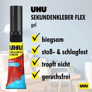 Uhu Sekundenkleber Superflex Gel 3g: Flexibler, geruchsfreier Kleber für Metall, Glas, Holz u.v.m.
