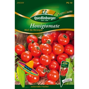 Quedlinburger Honig-Tomaten Miel Du Mexique Saatgut mit roten Tomaten auf der Packung.