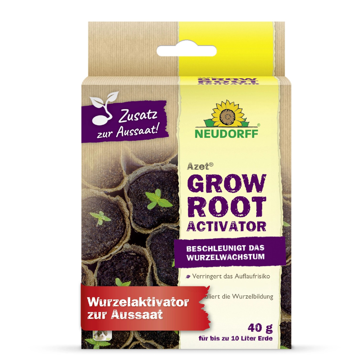 Neudorff Wurzelaktivator GrowRoot 40g Packung für Pflanzenstärkung und kräftiges Wachstum.