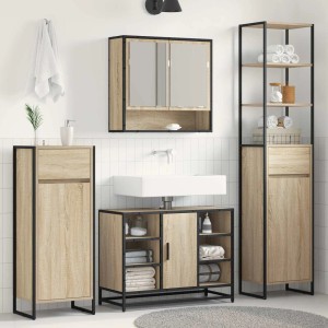 Hoher vidaXL Badezimmerschrank Sonoma mit Tür, Schublade und schwarzem Metallrahmen im Industriedesign.