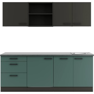 Optifit Küchenzeile KPMV 2199R-9+ Anthrazit/Steingrün, 210 cm breit, mit Spüle und E-Geräten.