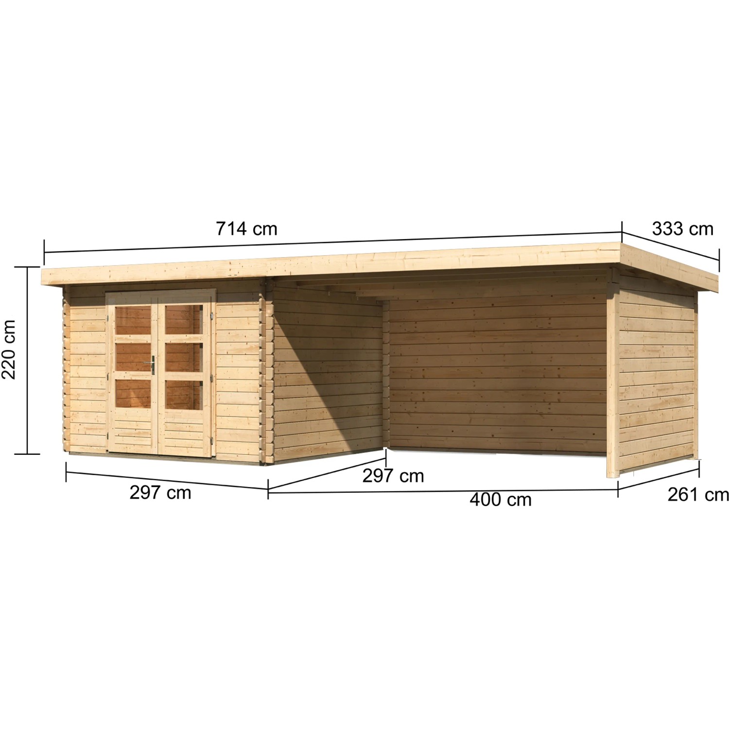 Karibu Holz-Gartenhaus Ängelholm, unbehandelt, mit Pultdach und Anbau, Seitenansicht mit Maßen.