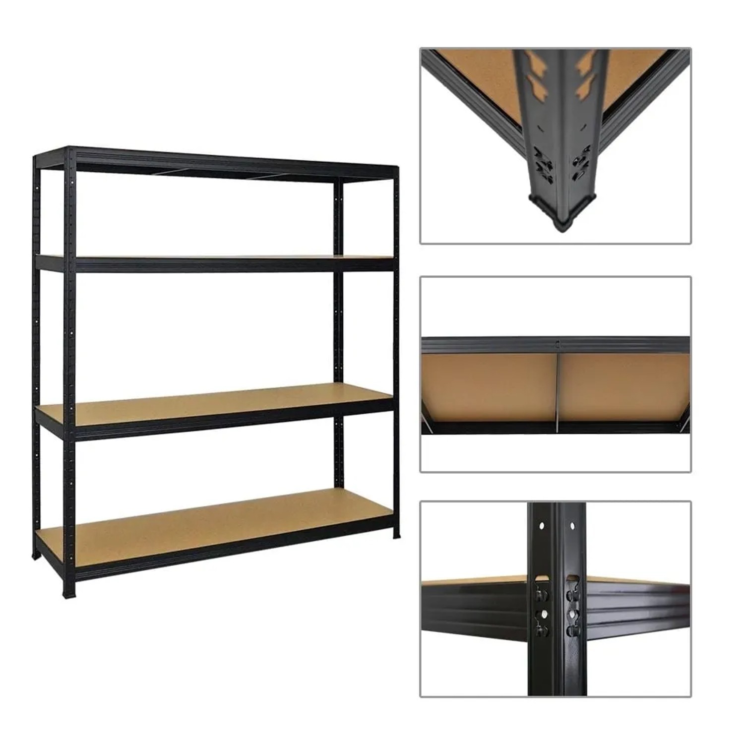 Schwarzes PROREGAL Schwerlastregal Giant Elephant mit 4 MDF-Holz Regalböden. Ideal für Werkstatt und Garage.