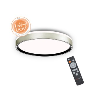 Runde MegaLight LED-Deckenleuchte Shining Pluto 40 aus gebürstetem Alu mit Fernbedienung. Dimmbar, Farbtemperatur einstellbar.