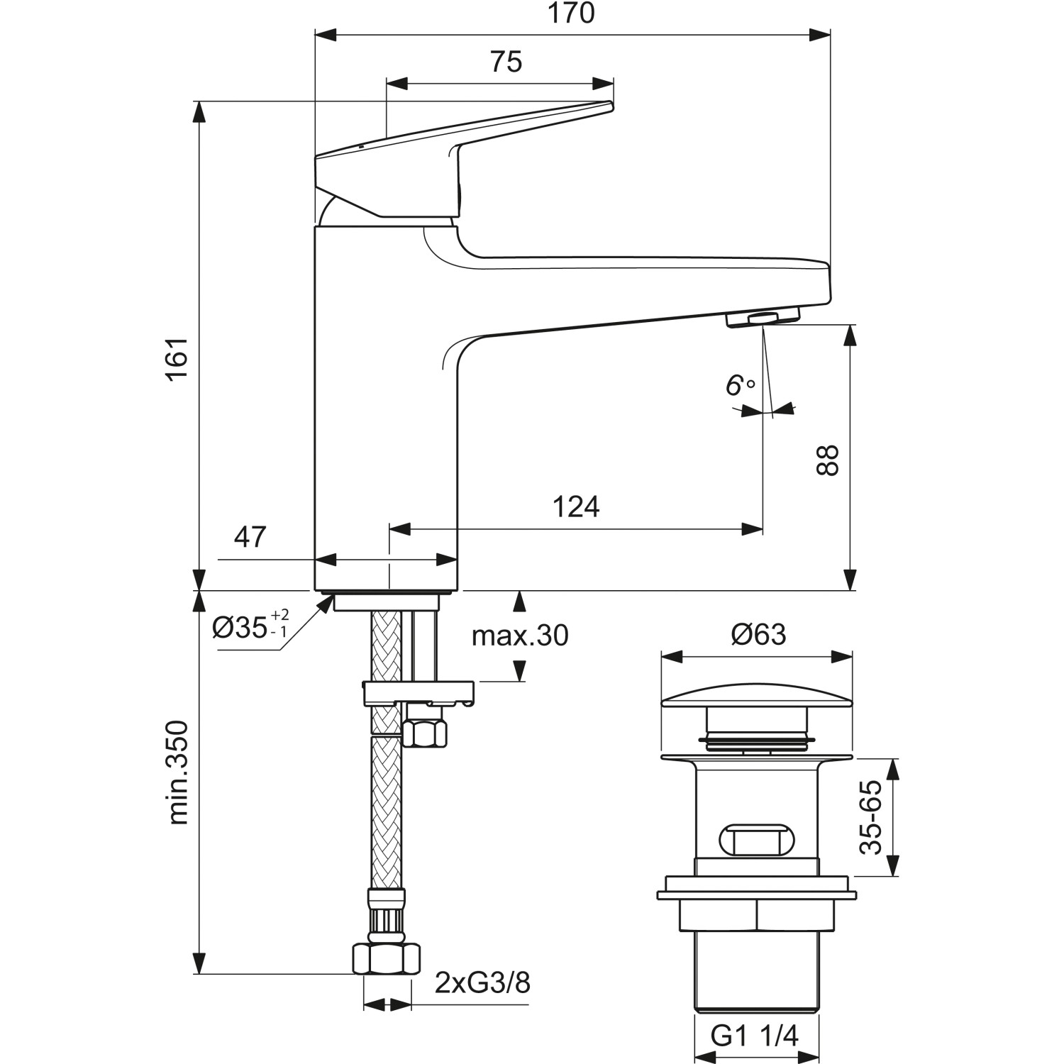Skizze der Ideal Standard Ceraplan Waschtischarmatur mit Maßen und Push-Open Ventil.