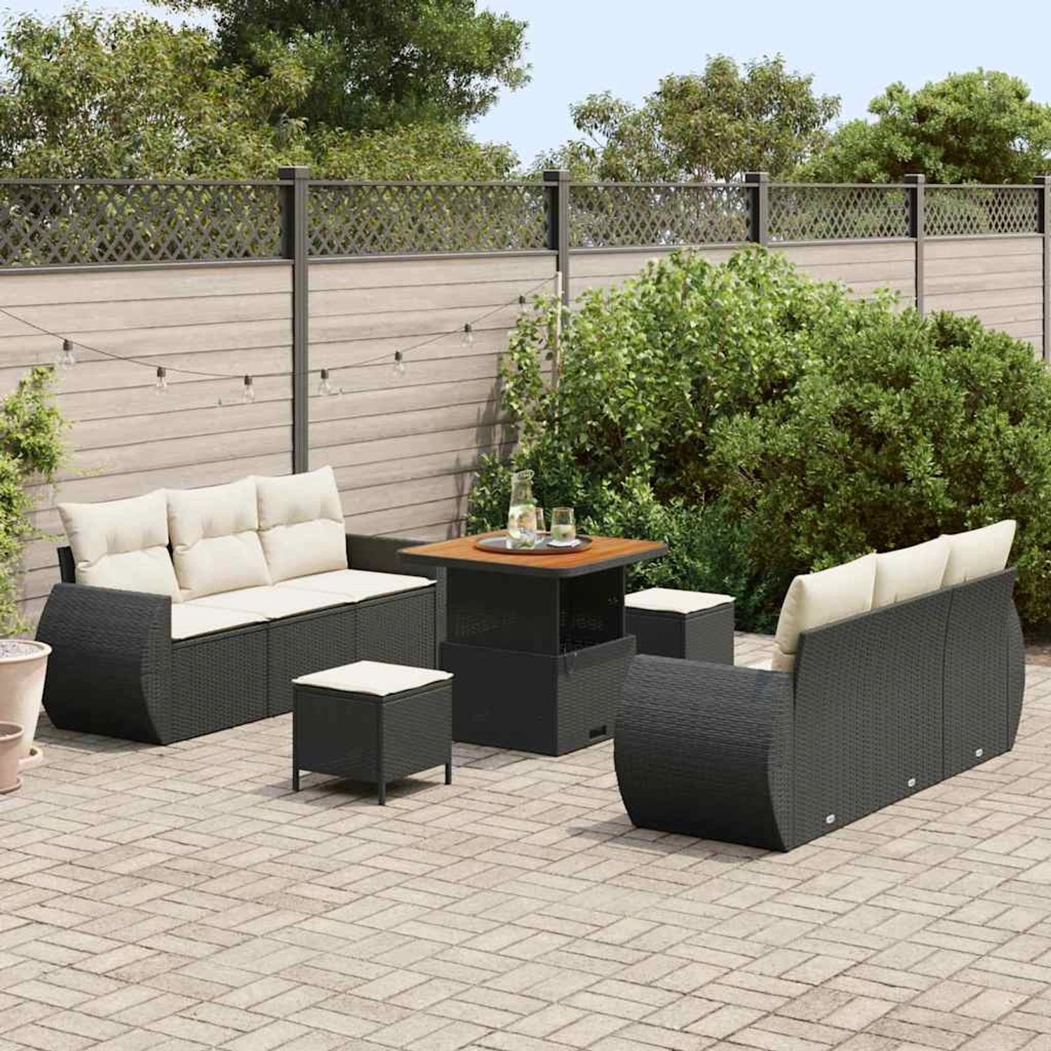 Schwarzes 9-teiliges Garten-Sofa-Set aus Poly Rattan von vidaXL für Garten und Terrasse.