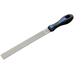 LUX Feilraspel, flachstumpf, 200 mm, mit blau-schwarzem Comfort-Griff für Holz- und Metallbearbeitung.