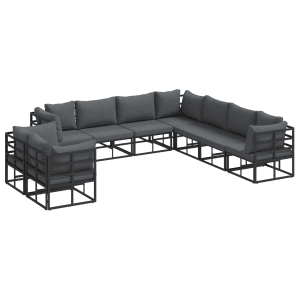 vidaXL Garten-Sofa-Set, 9-teilig, Schwarz, Aluminium. Modulares Lounge-Set mit grauen Kissen für Garten oder Terrasse.