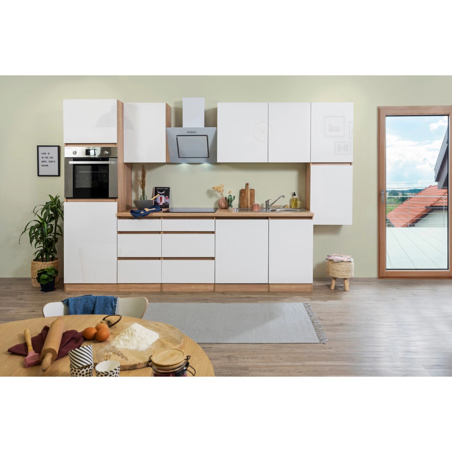 Respekta Küchenzeile/Küchenblock ohne E-Geräte 330 cm Grifflos Weiß Hochglanz-Eiche Sägerau