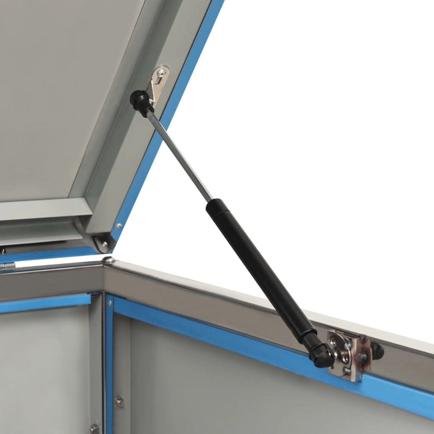 Detailaufnahme: Geöffnete Mülltonnenbox aus Edelstahl mit Federung für leichten Zugang.