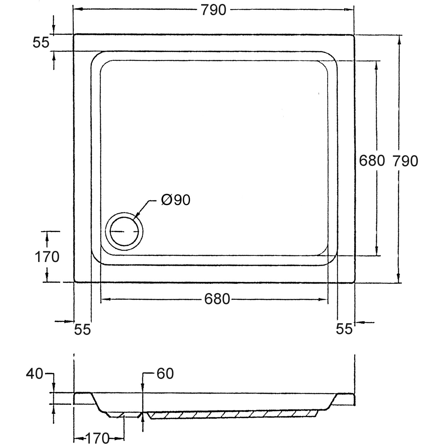 Technische Zeichnung: Ottofond Duschwannen-Set Quadrat, 80x80 cm, Maße und Details.