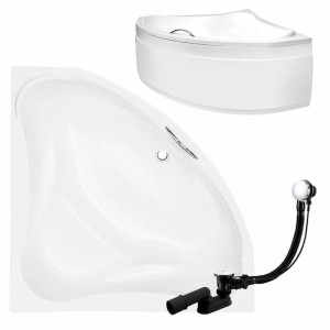 Weiße KOLMAN Acryl Eckbadewanne 134x134 cm mit Schürze, Ablauf, Füßen und Metallgriff.