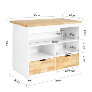 SoBuy Küchenwagen FKW107-WN: Kücheninsel Rollwagen mit Schubladen und Ablageflächen, weiße Seiten, Holzplatte.