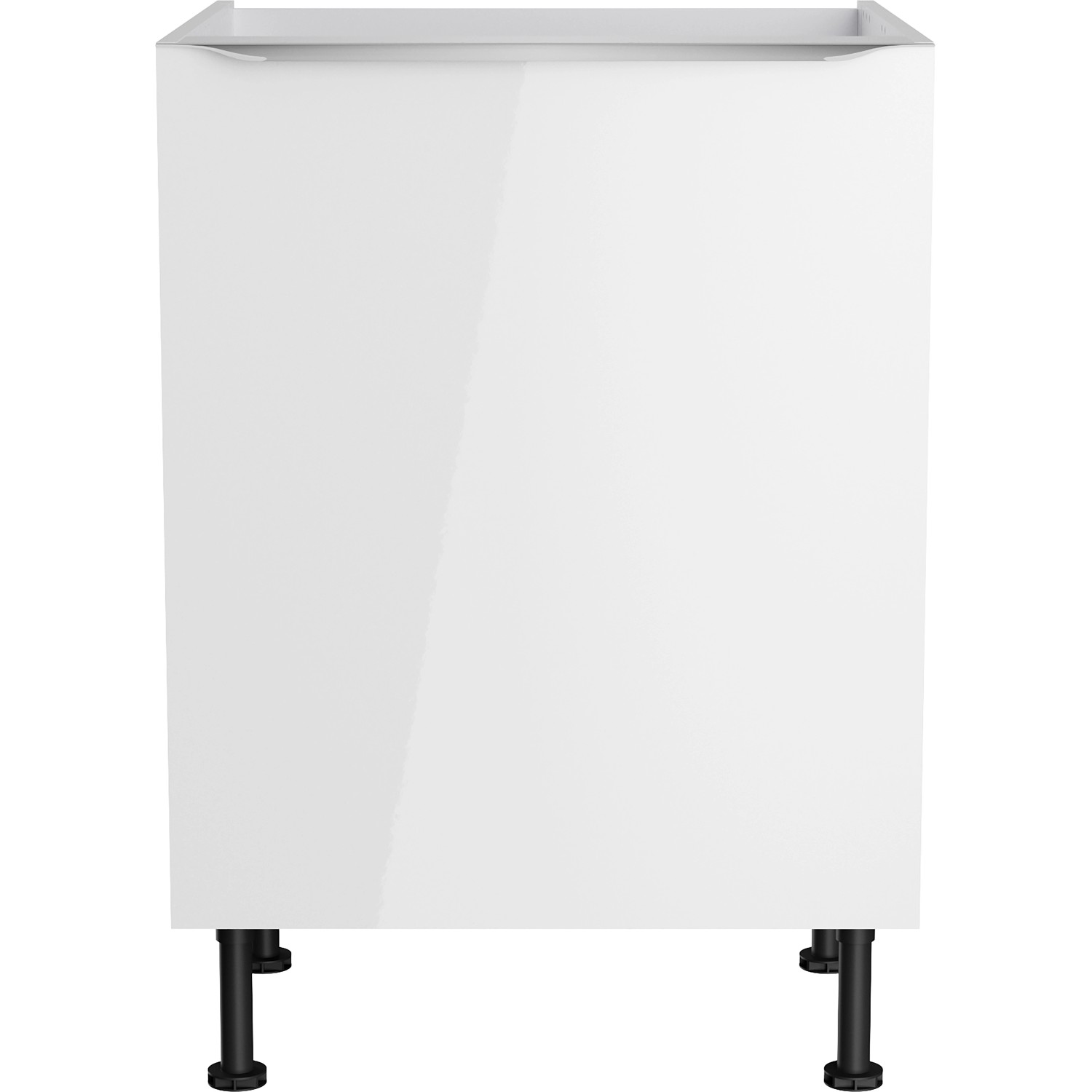 Optifit Spülenunterschrank Arvid986, 60cm, weiß glänzend mit Tür und schwarzen Füßen.