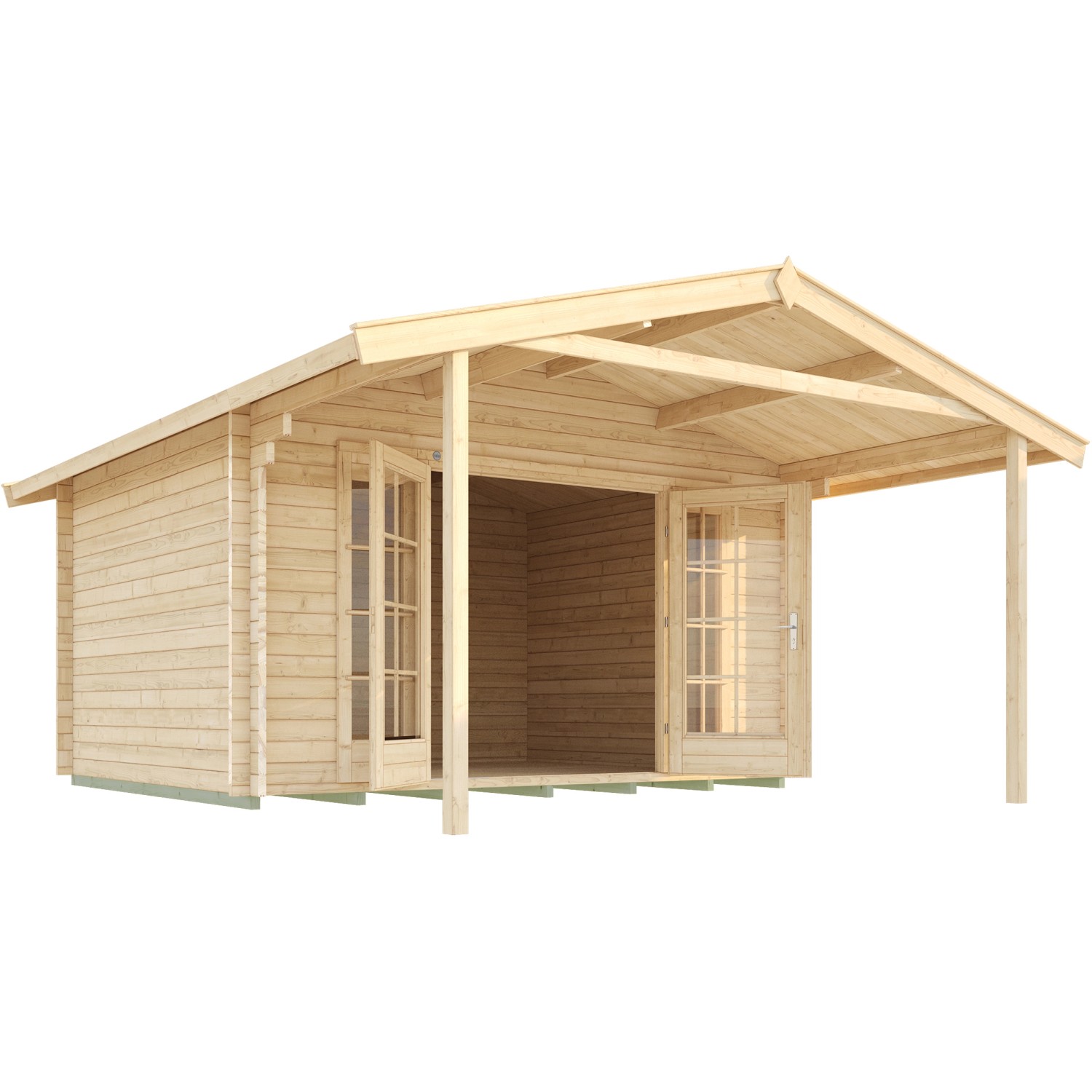 Weka Weekendhaus 137 A mit Vordach: Holzhaus mit Doppeltür und Fenstern.