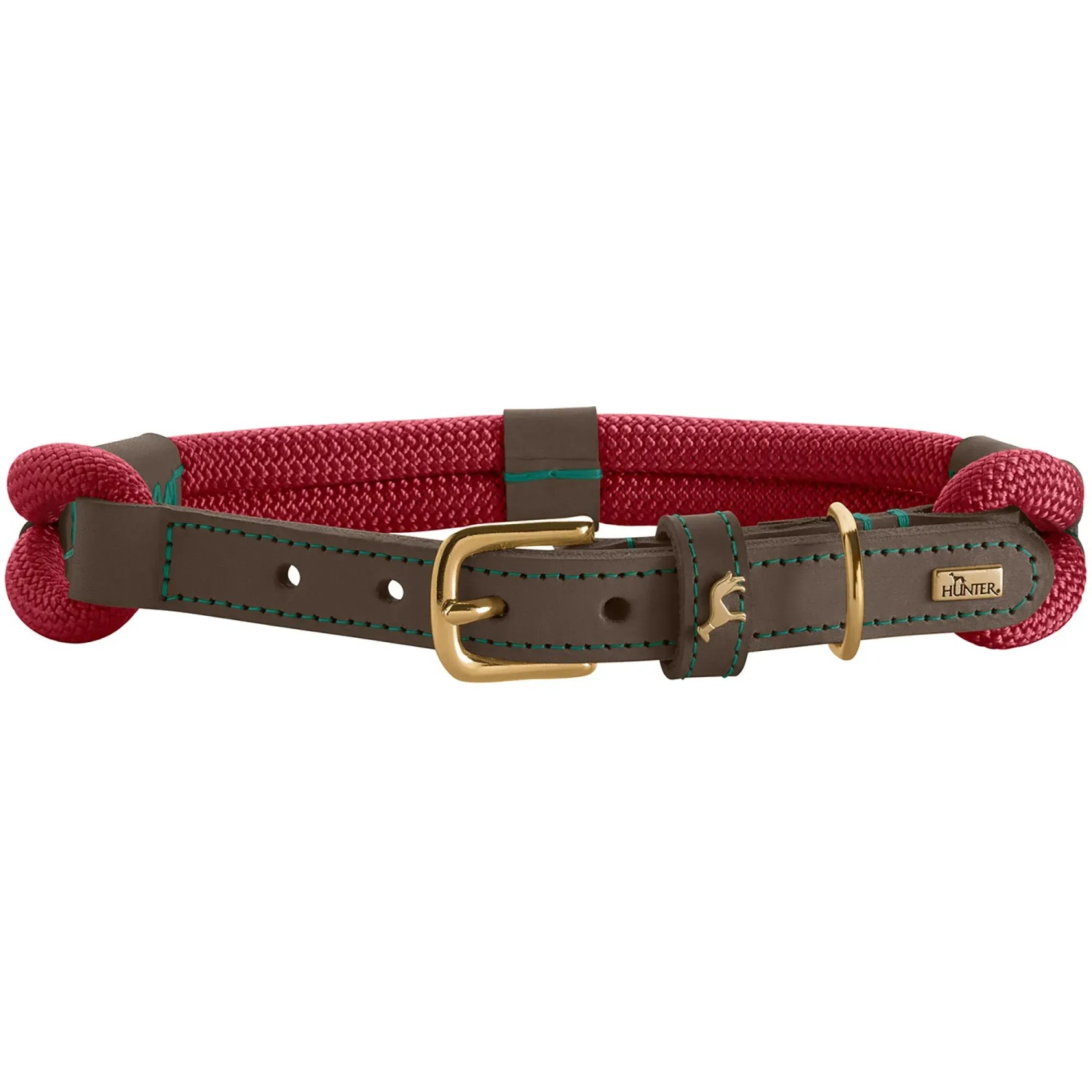 Hunter Hundehalsband Malia, Größe S, weinrot/dunkelbraun. Halsband aus Tau und Leder mit Dornschließe.