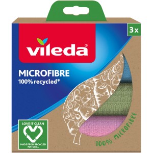 Vileda Microfasertücher, 3er Set, aus recycelten PET-Flaschen, blau, grün, rosa.