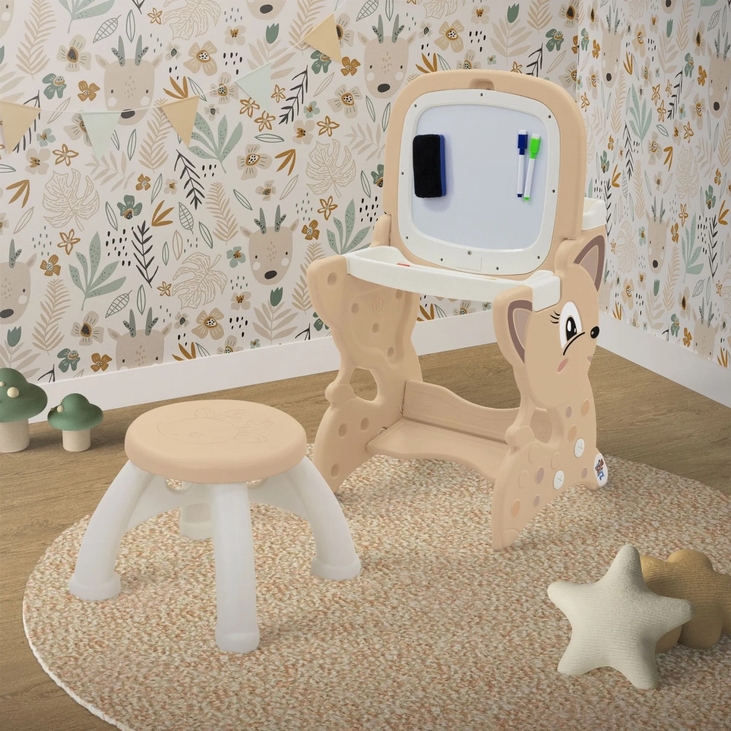 Joyz 3in1 Spieltisch Braun mit LCD-Tafel, Whiteboard und Kinderhocker. Fördert Kreativität.