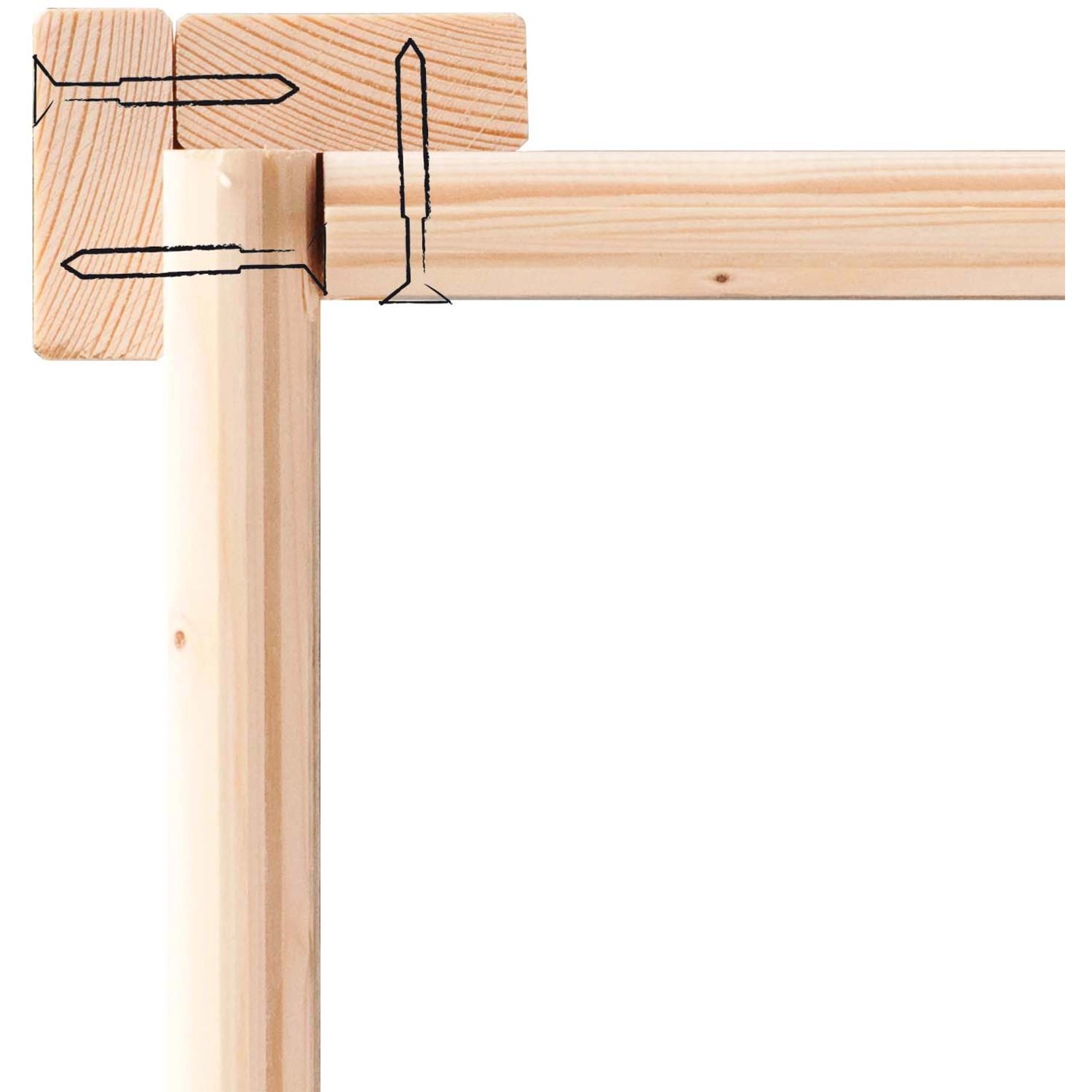 Detailansicht Karibu Gartenhaus Östersund: Unbehandeltes Holz, Eckverbindung mit Schrauben.