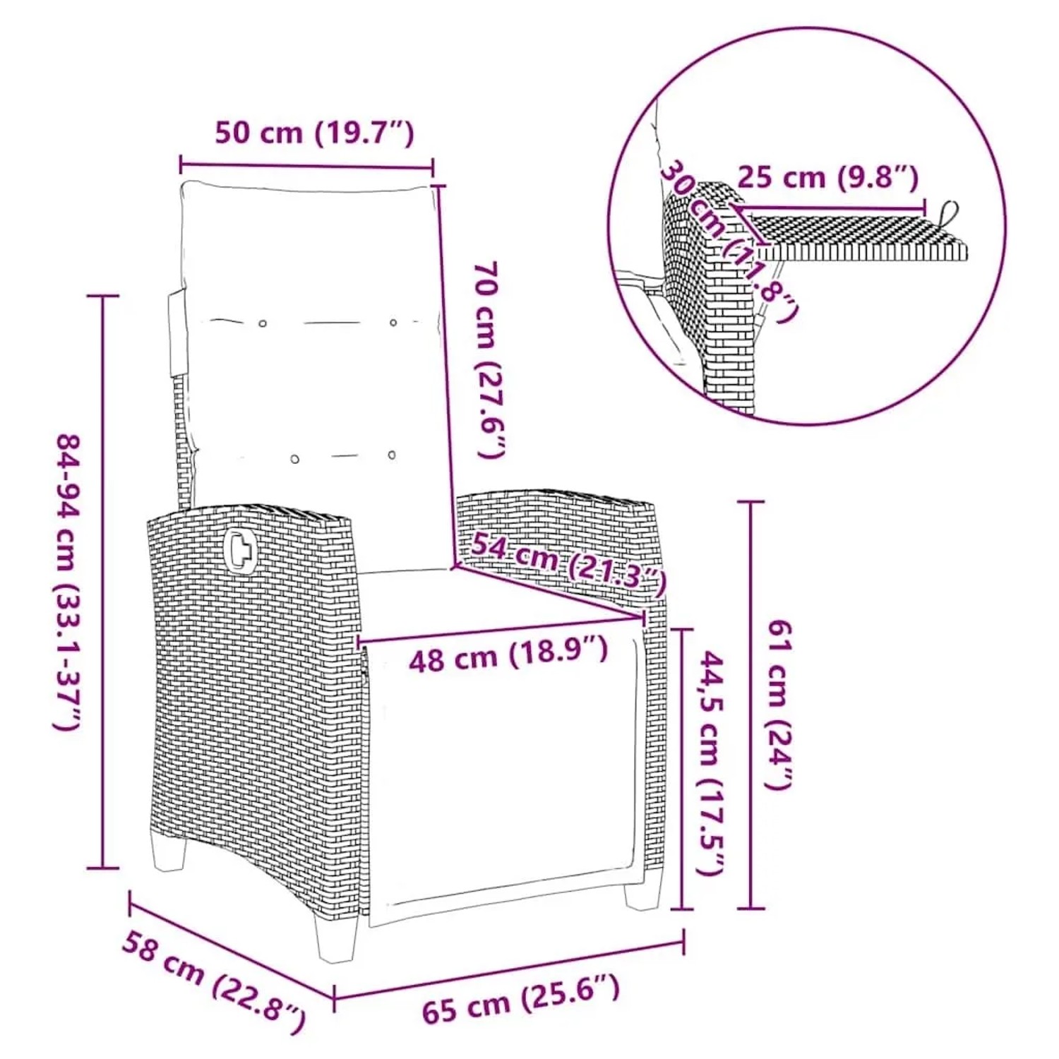 Maßzeichnung des vidaXL Gartensessels mit Beistelltisch. Abmessungen des verstellbaren Relaxsessels aus Poly Rattan.