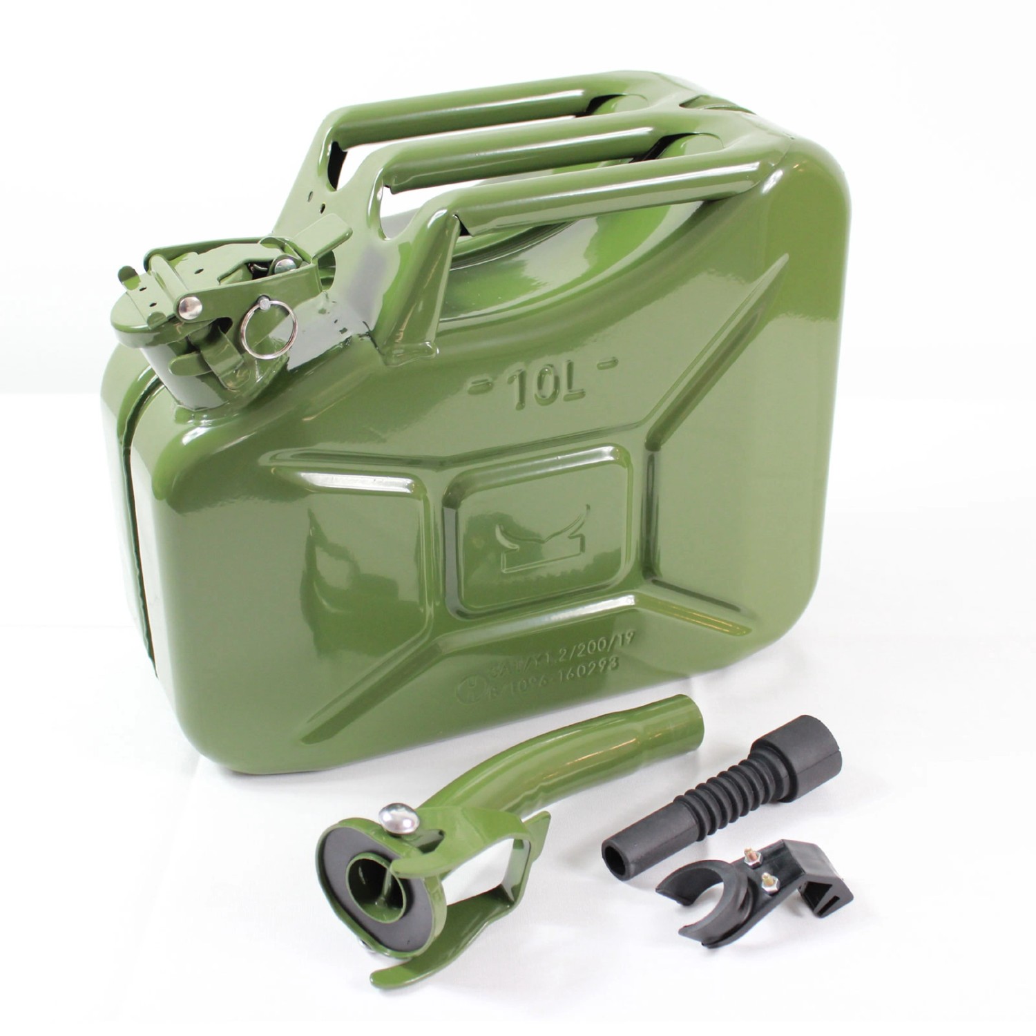 TRUTZHOLM 2x Kraftstoffkanister Metall, 10 Liter, oliv mit Ausgießer und Halter.
