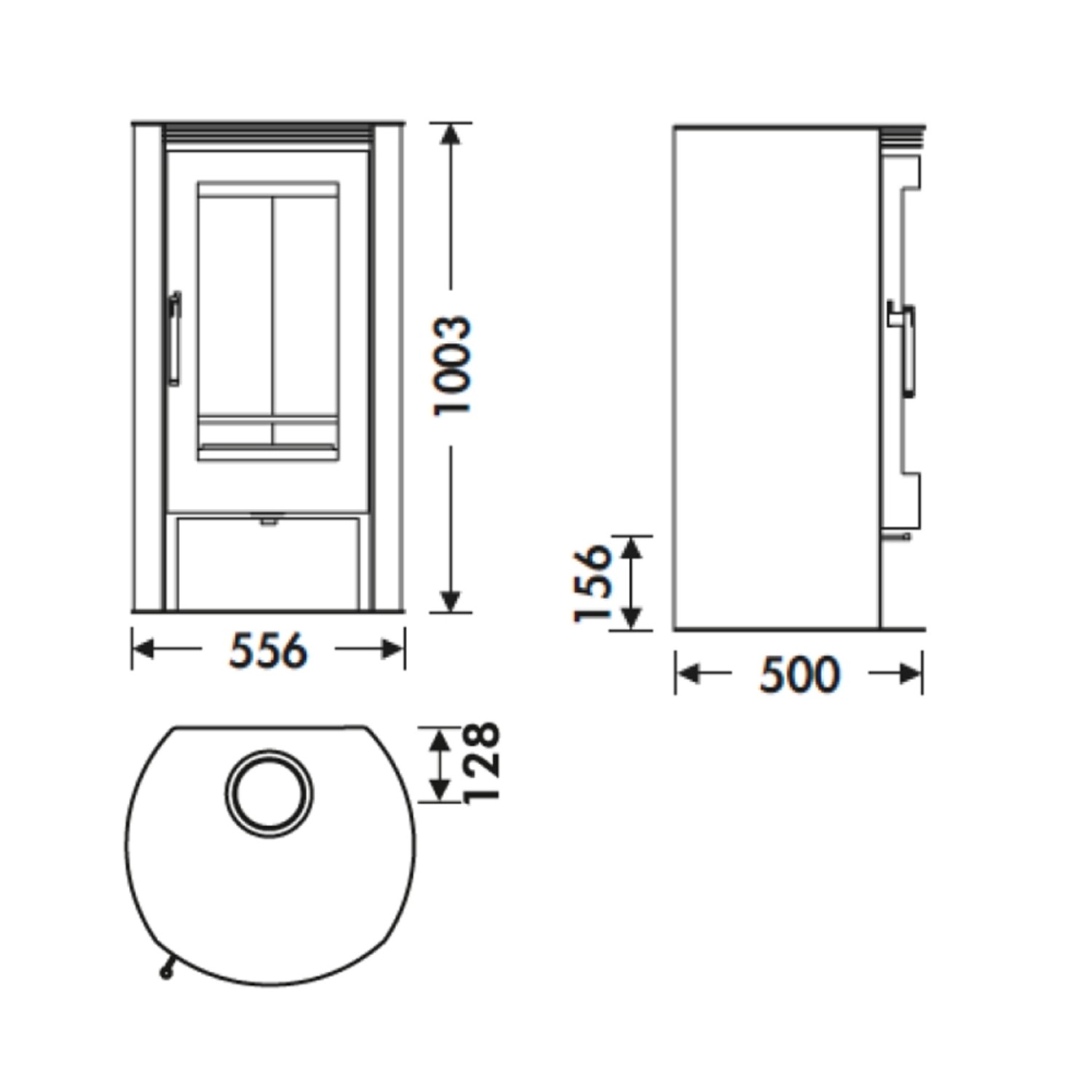 Technische Zeichnung Panadero Bilbao Schwedenofen mit Maßen für Höhe, Breite und Tiefe.