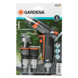 Gardena Premium Reinigungs-Set: Spritze, Wasserstop, Schlauch- & Hahnverbinder, Adapter. Metall-Kunststoff-Ausführung.