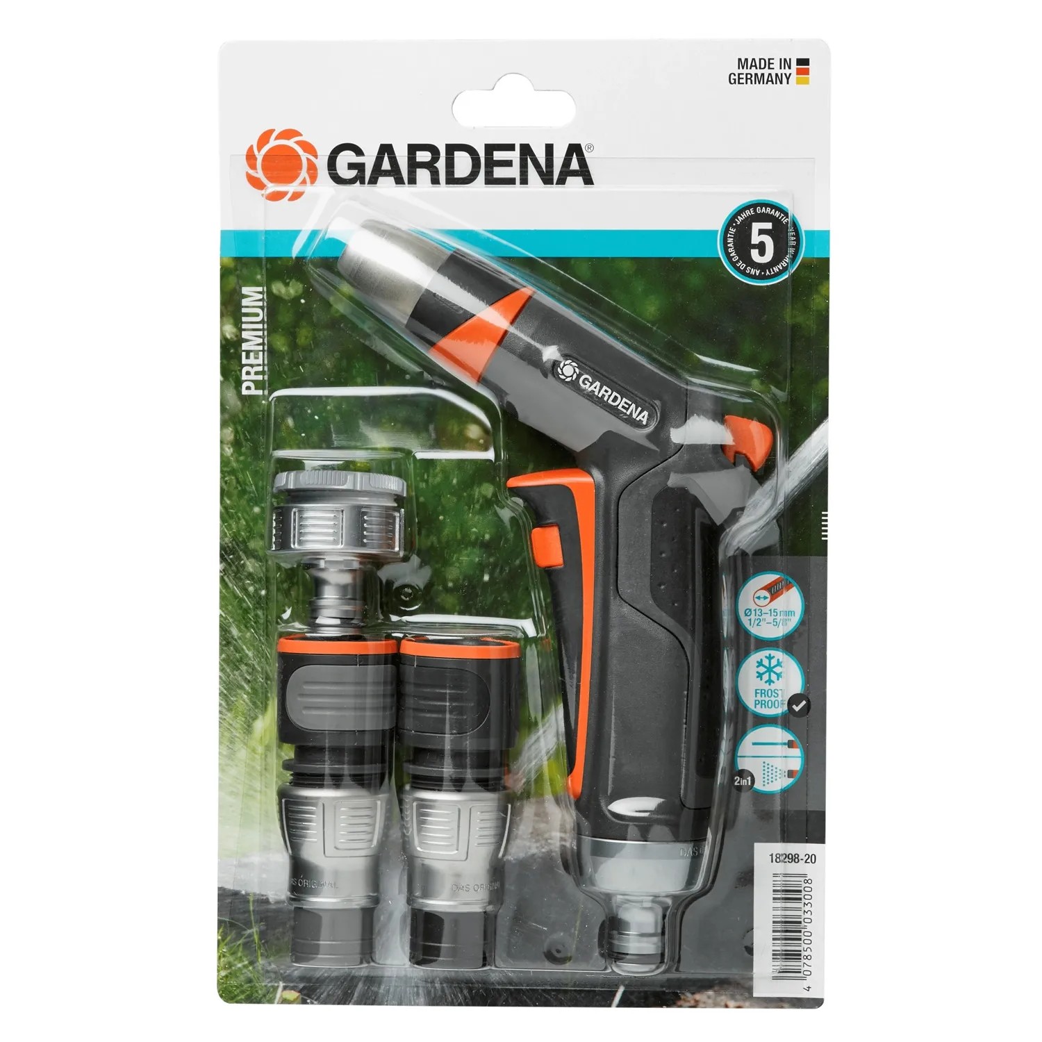 Gardena Premium Reinigungs-Set: Spritze, Wasserstop, Schlauch- & Hahnverbinder, Adapter. Metall-Kunststoff-Ausführung.