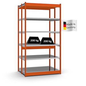 PROREGAL Fachbodenregal, Stecksystem, 250x132,5x40cm, 2x6 Ebenen, orange. Grundregal mit hoher Fachlast.