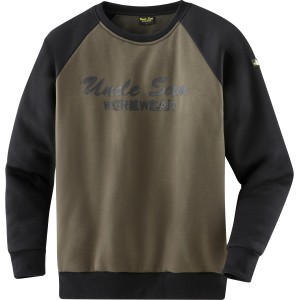 Uncle Sam Arbeits-Sweatshirt in Oliv-Schwarz, Größe S. Arbeitskleidung mit Rundhalsausschnitt und Raglanärmeln.
