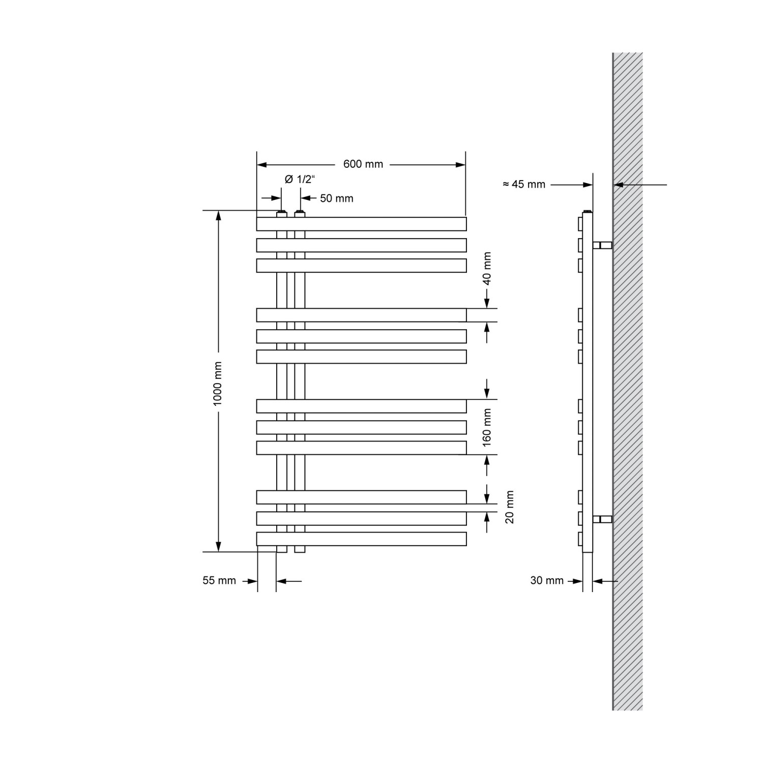 Skizze: LuxeBath Iron EM Design Badheizkörper, 600x1000 mm, weiß, Paneelheizkörper mit Maßangaben.