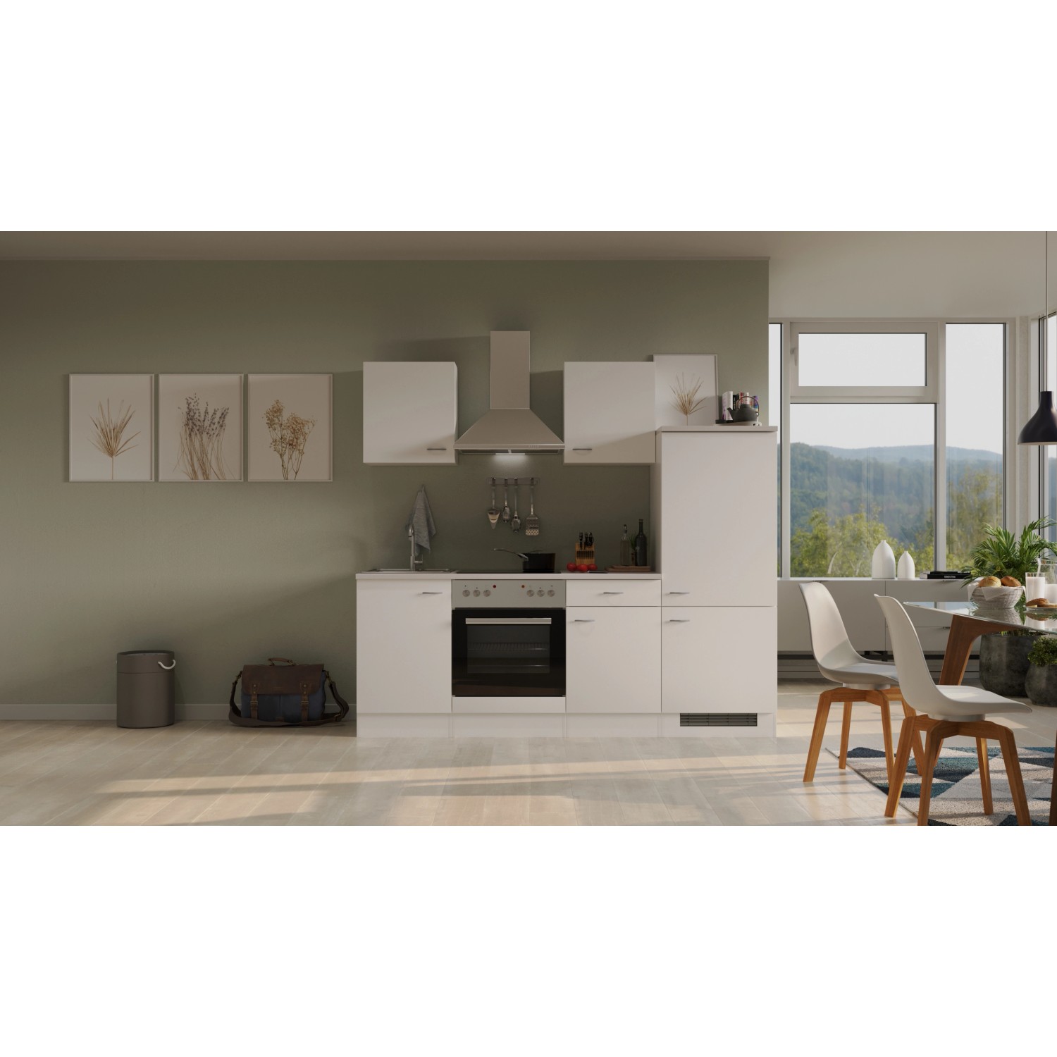 Weiße Flex-Well Classic Küchenzeile Wito, 220 cm breit, mit E-Geräten und Spüle. Made in Germany.